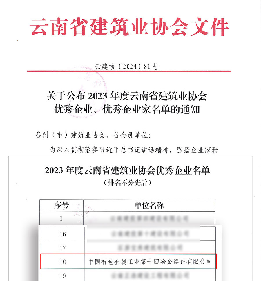 喜訊 | 公司獲評(píng)2023年度云南省建筑業(yè)協(xié)會(huì)“優(yōu)秀企業(yè)”